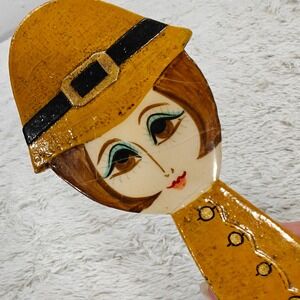 Vtg Hand Held Vanity Dresser Purse Mirror Wood Hand Painted 60s Woman Caricature